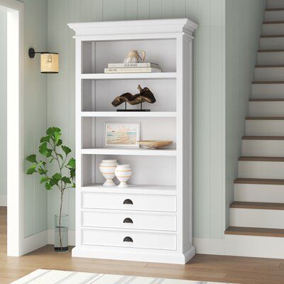 Farmhouse Bookcase, Coastal Farmhouse Style, Bookcase Wood, Brass Cup, Library Bookcase, Cube Bookcase, White Bookcase, Bookshelf Design, Etagere Bookcase