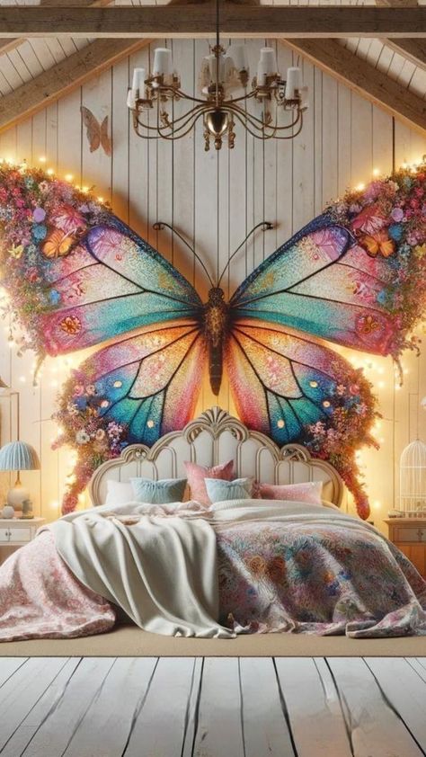 Butterfly Headboard, Lights Twinkle, Elegant Headboard, Iridescent Wings, Fall Bedroom Ideas, Whimsical Butterfly, Pastel Pillows, Winged Headboard, Butterfly Artwork