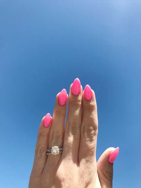 Plain Colored Acrylic Nails, Hot Pink Hoco Nails Almond, Light Hot Pink Nails, Plane Pink Nails, Light Bright Pink Nails, Bright Light Pink Nails, Luminous Pink Nails, Hot Pink Wedding Nails, Hot Pink Nails Almond