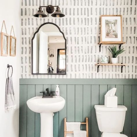 Bathroom Accent Wall Ideas, Half Bathroom Decor, Accent Wall Ideas, Bathroom Accent Wall, Bathroom Accents, Powder Room Decor, Wall Accent, Downstairs Bathroom, Green Bathroom