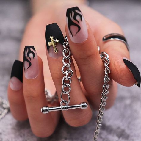 Sapphire Nails, Press On Nails Black, Nails Goth, Flame Nails, Black Flame, Short Press On Nails, Nails Matte, Latest Nail Trends, Edgy Nails