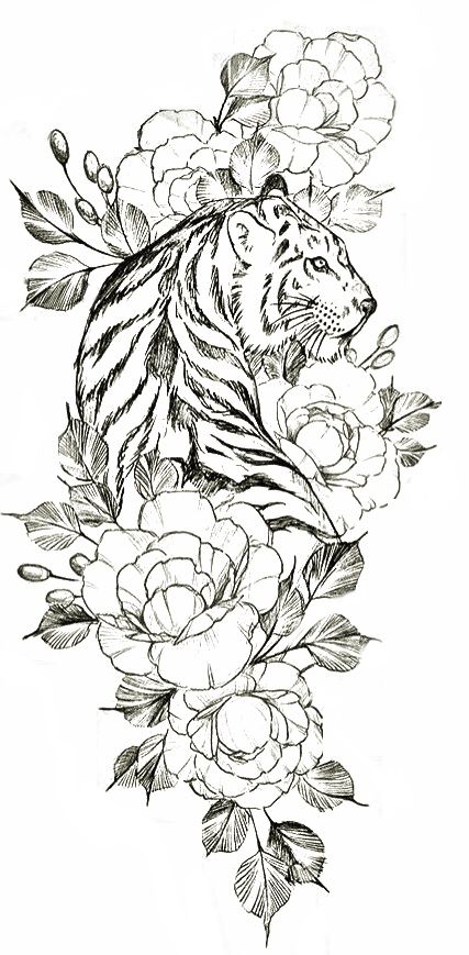 Tiger And Lotus Flower Tattoo, Tiger And Floral Tattoo, Tiger And Flowers Tattoo Design, Tiger Lotus Tattoo, Tiger And Flower Tattoo, Tiger With Flowers Tattoo, Botanical Tattoo Sleeve, Hip Tattoos, Hip Tattoos Women