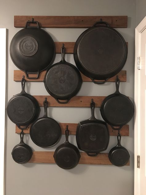 Ipe wood pot rack for cast iron skillets Ways To Store Cast Iron Skillets, Cast Iron On Wall, Display Cast Iron Skillets, Cast Iron Wall Display Ideas, Cast Iron Skillet Wall Display, Cast Iron Wall Display, Cast Iron Display Ideas, Cast Iron Storage Ideas, Cast Iron Cookware Display