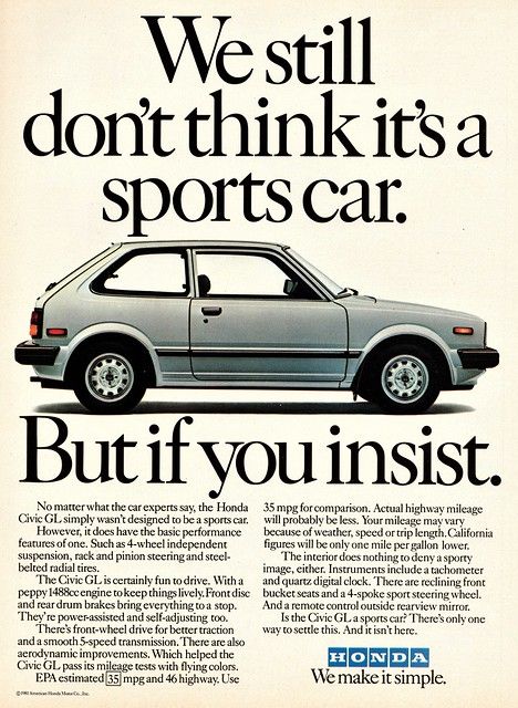 1982 Honda Civic GL | Alden Jewell | Flickr Soichiro Honda, Honda Civic Hatchback, Car Brochure, Honda Motors, Honda Shadow, Honda Cars, Retro Ads, Magazine Ad, Sport Car