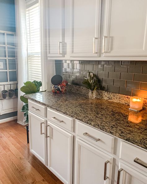 Paint Behr Frost, subway tile Venetian Gold Granite Kitchen Update, Kitchen With Brown Countertops, White Cabinets Gray Backsplash, Townhome Kitchen, Kitchen Cabinet Colours, Modular Kitchen Cabinet, Sunset Village, Modern Kitchen Room, Cabinet Colours