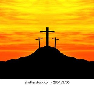 Three Crosses On A Hill Painting, Cross On A Hill Painting, 3 Crosses On A Hill, Three Crosses On A Hill, Western Painting Canvas, Cross Painting, Bike Night, Landscape Silhouette, Cross Silhouette