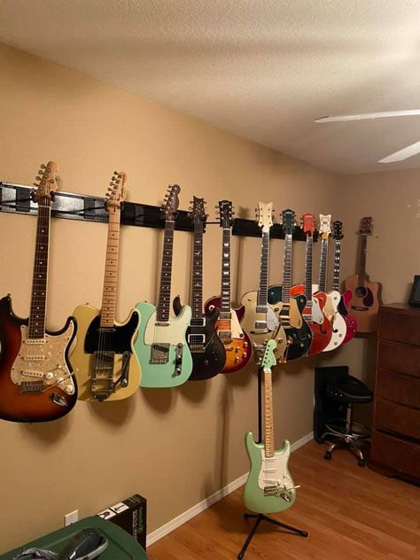 some of my music room Guitar Collection Room, Room Man Cave Ideas, Electric Guitar Collection, Instrument Room, Man Cave Ideas, Collection Room, Guitar Aesthetic, Guitar Collection, My Music