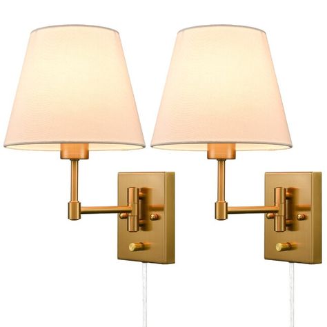 Claxy Fabric 8.7-in W 1-Light Gold Modern/Contemporary LED Wall Sconce in the Wall Sconces department at Lowes.com Wall Mounted Reading Lights, French Country Decorating Bedroom, Plug In Wall Lights, White Light Fixture, French Country Bedrooms, Modern Light Fixtures, Wall Fixtures, Wall Fans, Fabric Shades