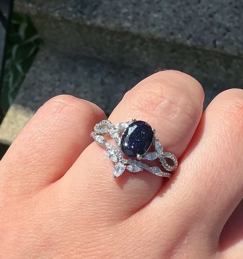 A starry night ring 🌌 Among the Stars is our 925 sterling silver blue sandstone ring set that appears to hold the night sky itself 💫 Beautiful and unique galaxy ring 😍 #bluesandstone #bluesandstonering #galaxyring #starrynight #uniquerings #uniqueengagementrings #celestialwedding Formal Celestial Blue Ring, Celestial Blue Rings With Accent Stones, Night Sky Ring, Silver Star-shaped Celestial Diamond Ring, Celestial Star-shaped Sapphire Ring, Starry Night Wedding Theme, Star Themed Wedding, Celestial Wedding Theme, Blue Sand Stone