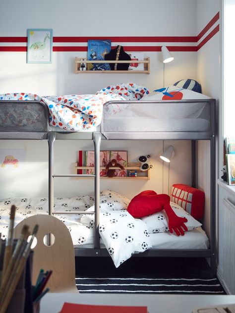 Kids shared bedroom ideas with lots of play space - IKEA Space Saving Bunk Bed, Bunk Bed Frame, Bed Pocket, Bed Base Frame, Kids Shared Bedroom, Shared Kids Room, Loft Bed Frame, High Beds, Shared Bedroom