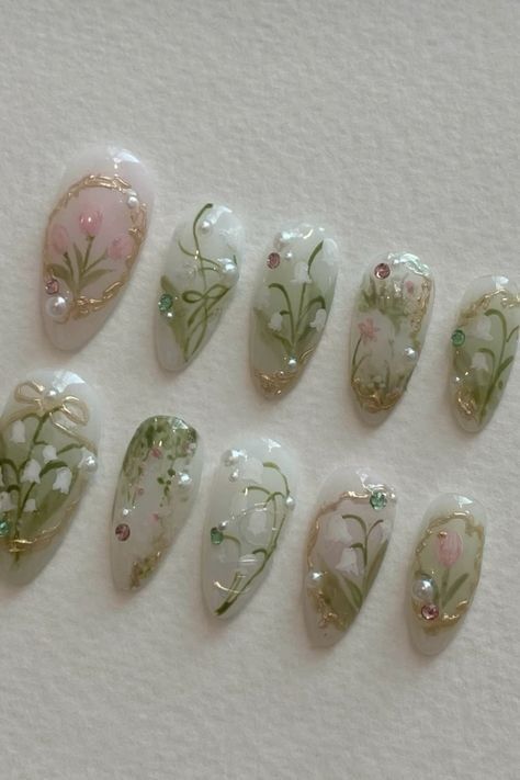 Flower Themed Nails, Lily Of The Valley Nails, Fairy Lily, Flowers Coquette, Fake Nails Designs, Blush Nails, Pretty Gel Nails, Really Cute Nails, Jelly Nails