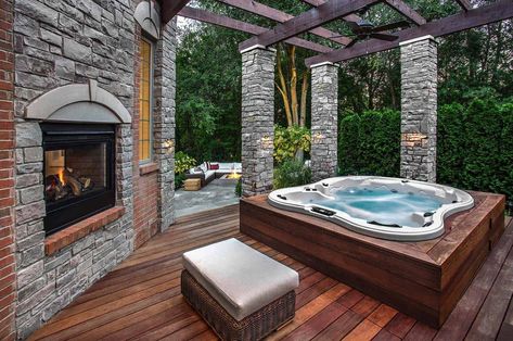 40+ Outstanding Hot Tub Ideas To Create A Backyard Oasis Whirlpool Deck, Hot Tub Ideas, Backyard Spa, Hot Tub Landscaping, Hot Tub Surround, Hot Tub Room, Hot Tub Designs, Hot Tub Patio, Tub Enclosures