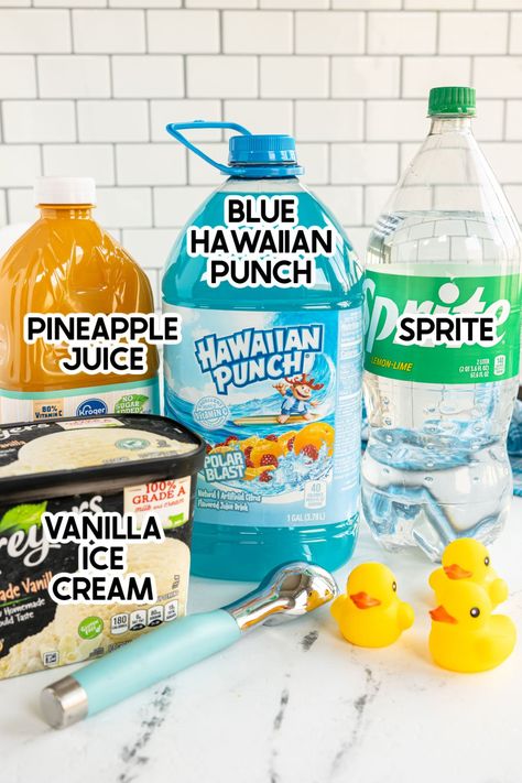 Blue Punch Blue Hawaiian Punch Recipe Non Alcoholic, Blue Raspberry Punch, Baby Shower Punch With Sherbert, Birthday Punch Recipes Non Alcoholic, Baby Shower Punch For Boy, Gender Reveal Punch, Blue Baby Shower Punch, Blue Foods For Party, Baby Shower Drink Ideas