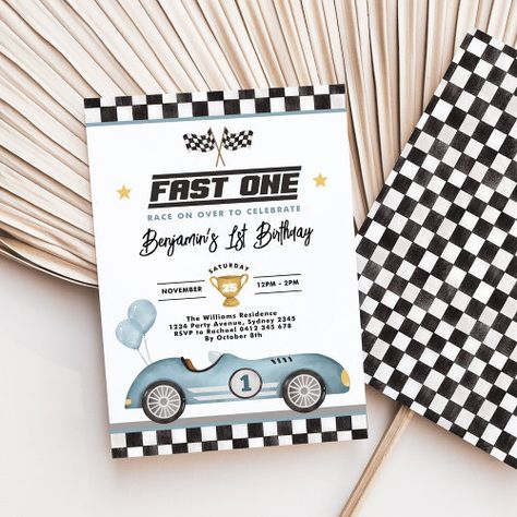 Retro Blue Fast One Race Car Boy 1St Birthday Invitation #zazzle #weddinginvitations #birthdayinvitations #babyshowerinvitations #zazzleinvitations #monogram #businesscards #graduation #homedecor Racecar 1st Birthday, First Birthday Theme Boy, Vintage Race Car Party, Racing Party, Boys First Birthday Party Ideas, Car Birthday Theme, Birthday Themes For Boys, 2nd Birthday Invitations, Race Car Birthday