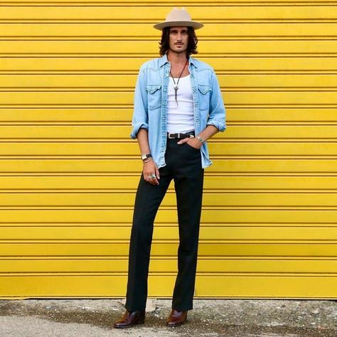 Denim Western Outfit, Dress Jeans Men, Mens Western Outfits, Western Belts Outfit, Western Outfit Men, Wrangler Wrancher Dress Jean, Hat Men Outfit, Beatle Boots, Army Tank