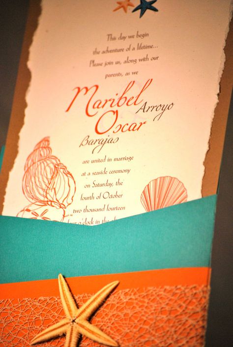 Beach wedding invitation Orange And Turquoise Wedding, Wedding Invitations Orange, Theme Wedding Invitations, Starfish Wedding Invitations, Turquoise Wedding Invitations, Ocean Wedding Theme, Wedding Invitation Message, Nautical Invitations, Starfish Wedding