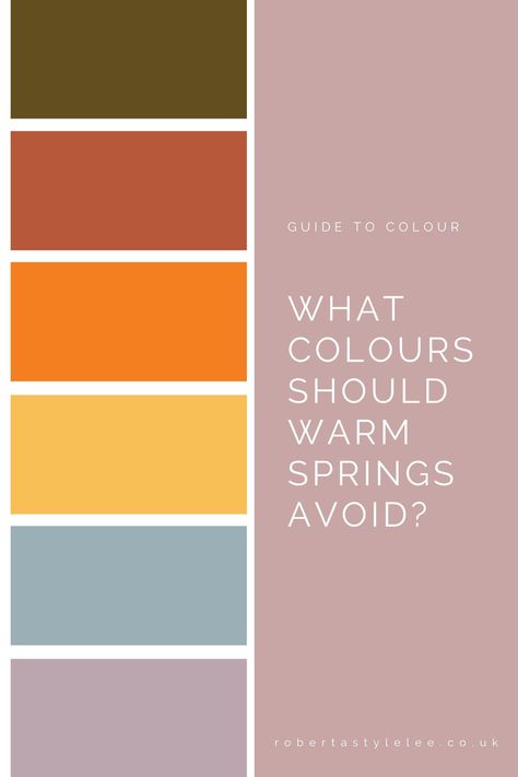 Wearing the 'right' colours can make you look healthier and younger without makeup. While the wrong colours can make you look dull and washed out. Yikes. Learn what colours Warm Springs should wear - and which ones to avoid #truespring #springcolorpalette #colourpalette Winter Spring Summer Fall Color Palette, Warm Spring Color Palette Outfits Style, Warm Spring Color Palette Clothes, True Spring Fall Outfits, Warm True Spring Color Palette, True Warm Color Palette, Sunlit Soft Spring, Golden Spring Color Palette, Spring Color Season Palette