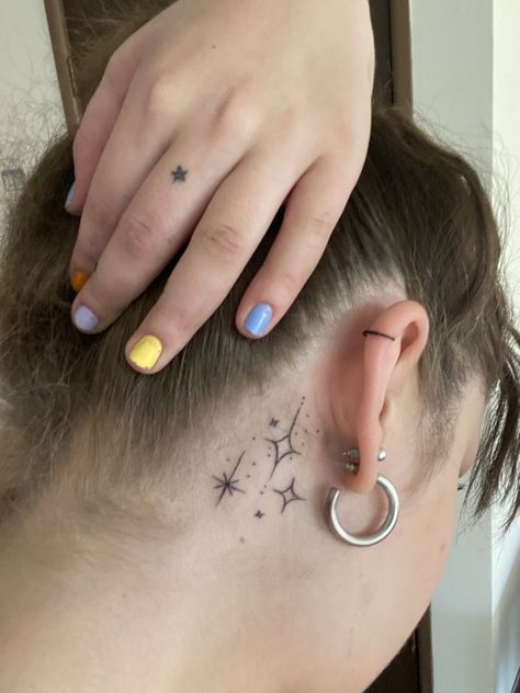 Tattoo Star Behind Ear, Behind The Ear Tattoo Stars, Star Tattoo Behind The Ear, Star Behind Ear Tattoo, Star Ear Tattoo, Stars Behind Ear Tattoo, Star Tattoo Behind Ear, Beautiful Disaster Tattoo, 3 Stars Tattoo