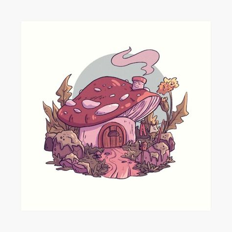 Mushroom Village Art, Mushroom Home Drawing, Mushroom House Illustration, Mushroom House Painting, Mushroom House Art, Mushroom House Drawing, Cute Mushroom House, Fairy House Drawing, Sleeve Inspiration