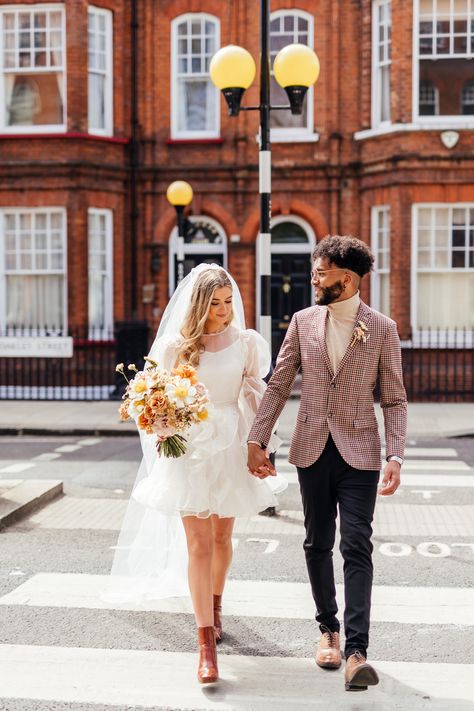 Christian Wedding Dress, Short Bridal Gown, Yellow Wedding Inspiration, Short Bridal Dress, Dress And Boots, Long Veil Wedding, Cool Wedding, Chelsea London, Boots Chelsea