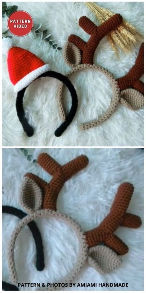 Crochet Christmas Lights, Crochet Patterns Easy, Crochet Reindeer, Crochet Elephant Pattern, Crochet Christmas Hats, Holiday Headbands, Headband Crochet, Crochet Hair Clips, Antler Headband