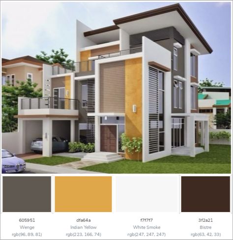 This awesome House Exterior has 4 colors combination with Wenge, Indian Yellow, White Smoke and Bistre. Best Colour Combinations For Exterior Walls, Indian House Elevation Colors, White Home Exterior Colors, Best House Colors Exterior Indian, Colour Palette For Exterior Of House, House Elevation Paint Colours, Front Elevation Color Combination, Color Scheme For Exterior Of House, Color Palette For Exterior Of Home