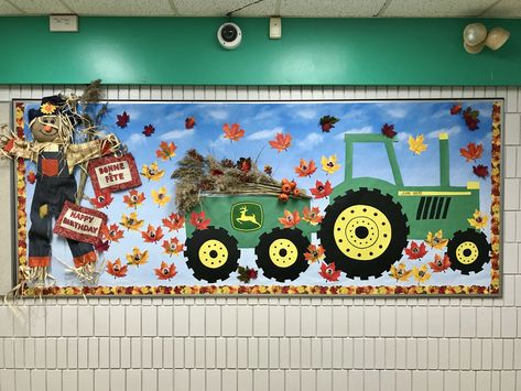 John Deere tractor fall bulletin board Fall Farm Bulletin Board Ideas, Barnyard Bulletin Board Ideas, Tractor Bulletin Board Ideas, Farm Bulletin Board Ideas, Ecse Activities, Farm Classroom Theme Decor, Farm Bulletin Board, Fall Church Bulletin Boards, Flower Bulletin Boards