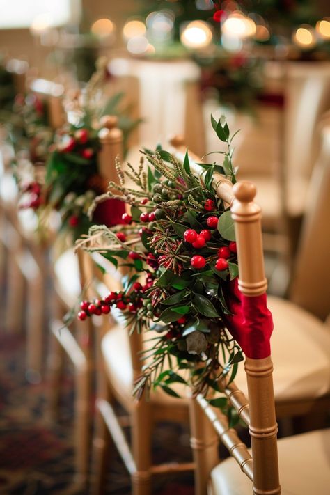 Add a sprinkle of festive magic to your big day 🌿✨ with miniature wreaths on chair covers. Berries and lush greenery create a whimsical vibe for guests. Perfect for winter nuptials or a nature-inspired theme! 🌸🍃 #WeddingInspiration #ChairDecor #WeddingDetails #FestiveTouch #MiniWreaths #WeddingGreenery #DIYWedding #CharmingWeddings Christmas Rehearsal Dinner Decorations, Christmas Wedding Signs, Christmas Rehearsal Dinner, Miniature Wreaths, Vintage Christmas Wedding, Christmas Barn, Rehearsal Dinner Decorations, Chair Decor, Enchanted Wedding