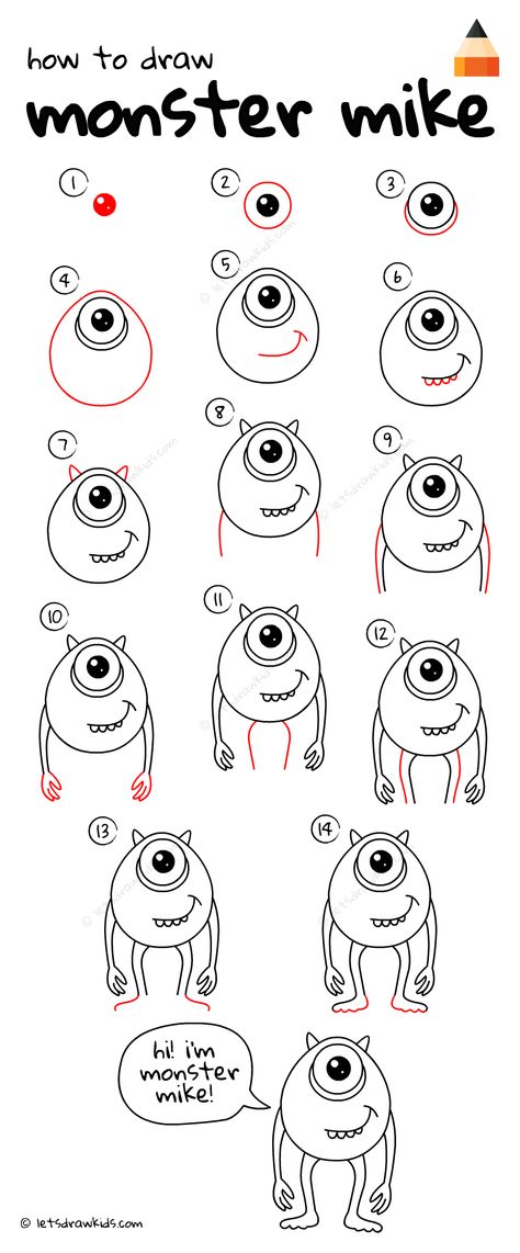 How To Draw Monster Mike Monster Drawing Easy, Monster Sketch Easy, Monster Drawing Step By Step, Monster Doodles Easy, Simple Cute Monster Drawing, Draw Monster, Doodle Easy, Drawing Ideas Easy, Easy Disney Drawings