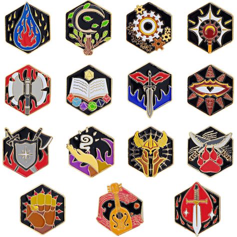 PRICES MAY VARY. 5E CLASSES PLUS DM PINS SET - Based on D&D 5e, this set of hard enamel pins features designs for 14 classes, from Artificer to Wizard, including an extra for your favourite DM. They are enough to deck out your whole party or keep for yourself if you just really like pins. PREMIUM DESIGN AND CRAFT -Each D&D Character Class Pin is iron crafted with silver, black and gold-colored nickel plating, painted over with radiant and vivid enamel colors, and baked to perfection at high temp Dungeons And Dragons Dungeon Master, Dungeons And Dragons Dungeon, Blood Hunter, Game Card Design, Dnd Classes, Game Ui Design, Nerd Gifts, Wibbly Wobbly Timey Wimey Stuff, Game Master