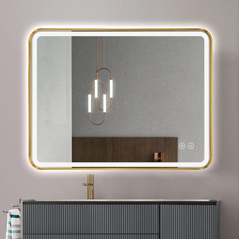 LED Rectangle Mirror, 36"x28" Anti-Fog Double Touch Lighted Bathroom Wall Vanity Mirror 45° Beveled Metal Frame Stepless Adjustable Color Temperature Smart Mirror 3000K-6000K, Gold Wall Vanity Mirror, Wall Vanity, Led Bathroom Mirror, Smart Mirror, Led Bathroom, Led Mirror Bathroom, Shattered Glass, Led Vanity, Rectangle Mirror