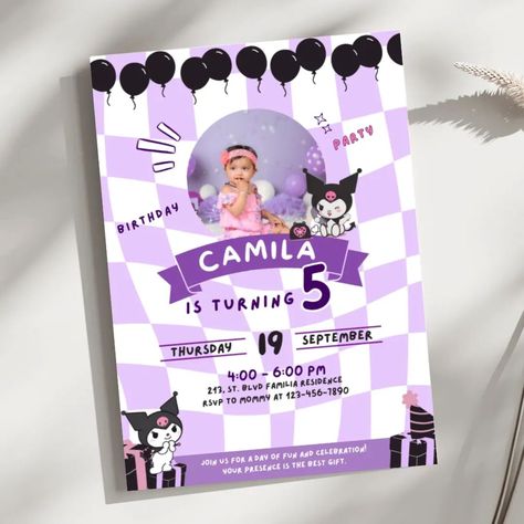 Kuromi Birthday Invitation Make your child's special day unforgettable with our adorable Kuromi-themed invitation template! ✨ Instantly download, personalize, and share the cuteness—no design skills required! Perfect for birthdays and celebrations. 🎉 Get yours today and add a touch of magic to the party! #kuromi #birthdayinvites #partyplanningmadeeasy #kuromibirthdayinvitation #birthdayinvitation #printable #sanrio Kuromi Invitation, Kuromi Birthday Invitation, Kuromi Birthday, Purple Kuromi, Diy Birthday Invitations, Bday Invitations, Lomo Card, Birthday Invitation Template, Editable Invitations