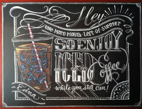 Chalk Design by Carolina Ro Iced Coffee Chalkboard Art, Coffee Chalkboard Art, Chalk Art Coffee, Artist Calligraphy, Starbucks Chalkboard, Summer Chalkboard Art, Cafe Chalkboard, Coffee Chalkboard, Summer Chalkboard