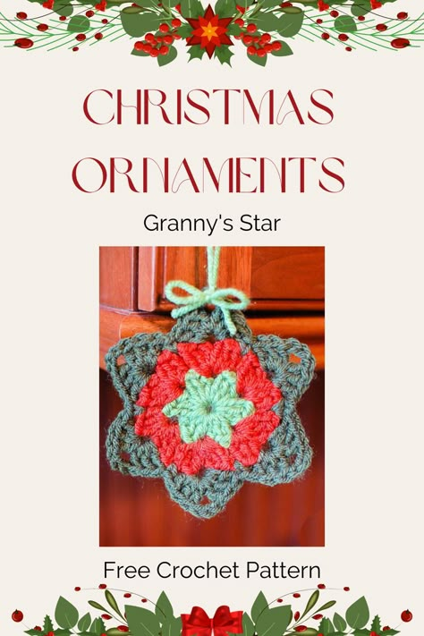 This free crochet pattern for a Granny Star Ornament is perfect for Christmas tree decorations. Follow the easy step-by-step instructions #freecrochetpattern #crochetpattern #crochet Free Crochet Patterns For Christmas Tree Ornaments, Granny Star Crochet Pattern Free, Crochet Granny Stars Pattern Free, Crochet Granny Star Pattern, Crochet Christmas Ornaments Free Pattern Granny Squares, Crocheted Christmas Tree Ornaments Free Patterns, Granny Christmas Tree Crochet Pattern, Granny Square Ornament Pattern, Christmas Tree Granny Square Pattern