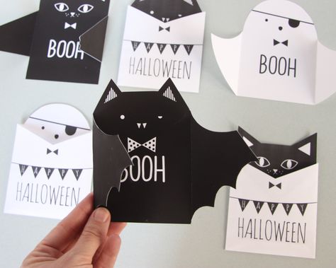 Happy Halloween - vleermuis, kat, spook of kat. Te downloaden om te printen en dan zelf uit te knippen Diy With Kids, Halloween Cards Diy, Halloween Invitation Card, Pumpkin Lanterns, Carte Halloween, Halloween Templates, Invitation Halloween, Adornos Halloween, Halloween 20