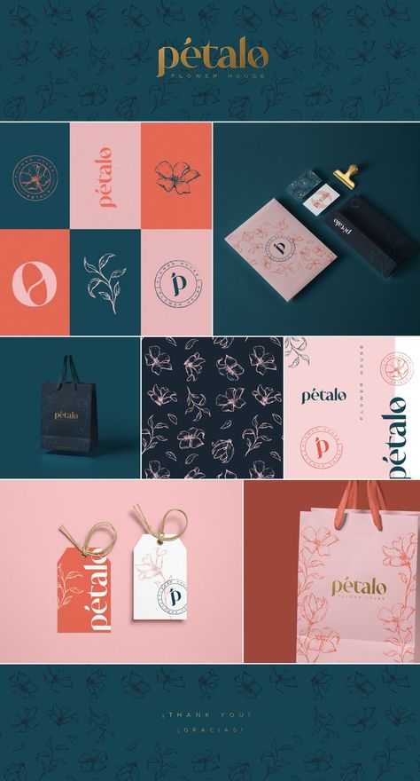 Branding and lIlustration work for Pétalo Flower House: stationery and packaging design. Flower Shop Brand Identity, Flower Shop Branding, Flower Shop Design, Flower House, Shop Branding, Self Branding, Branding Inspo, Wine Packaging, Brand Identity Pack