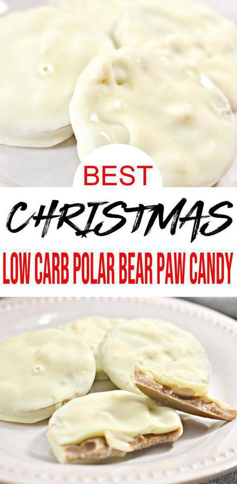 Insanely DELICIOUS polar bear paw candy bites. Check out these low carb polar bear paws candy bites. Homemade keto white chocolate fat bomb candy. Best gluten free & sugar free white chocolate candy bars. Easy low carb polar bear paw candy bites for simple Holiday baking. Make for Christmas desserts or keto Holiday treats. Better than Christmas cookies. Make for 2021 New Years healthy eating. For more keto low carb #candy recipes see KimspiredDIY #chocolate Polar Bear Paws Candy White Chocolate, Keto Christmas Candy Recipes, Keto White Chocolate Recipes, Lily's White Chocolate Chips Keto Recipes, Polar Bear Paws Recipe, Polar Bear Paws Candy, Keto Christmas Candy, Keto Christmas Treats, Keto Candy Recipes