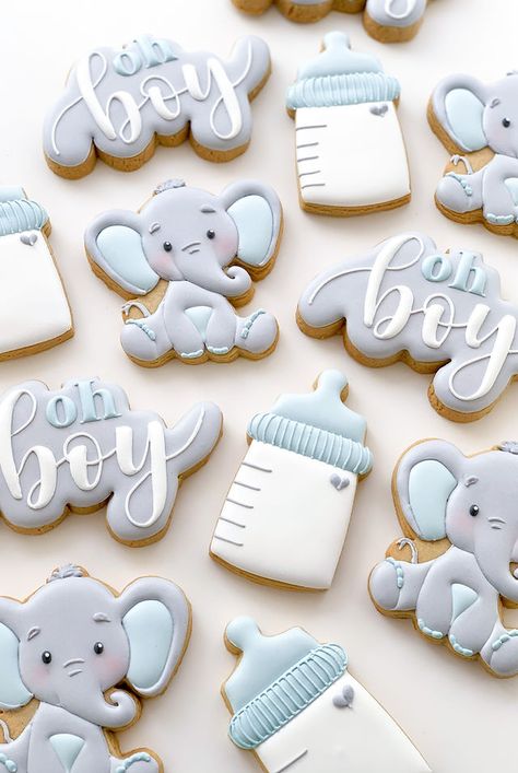 Cookies For Baby Shower Boy, Elephant Boy Baby Shower Theme, Baby Boy Elephant Shower Ideas, Elephant Treats, Little Peanut Baby Shower Boy, Dumbo Baby Shower Ideas, Elephant Baby Shower Cookies, Baby Shower Cookies For Boy, Baby Boy Shower Cookies