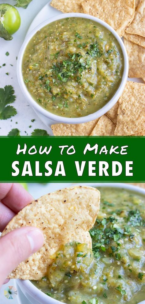 Tomatillo salsa verde is a green salsa that everyone will love. The tomatillos, peppers, onions, and garlic are all roasted in the oven and then blended together. This low-carb, gluten-free, and vegan recipe tastes just as good as your favorite restaurants's. The salsa is a great addition to your Cinco de Mayo celebration or taco night. Try it today! Green Salsa Recipes, Verde Salsa Recipe, Mexican Salsa Recipe, Vegan Salsa, Easy Salsa Verde Recipe, Easy Salsa Verde, Taco Ideas, Cinco De Mayo Recipes, Flavored Butters