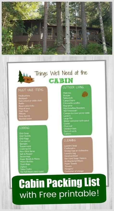 Great list of things to bring for staying in a cabin in the woods!  Includes cooking items, cleaning needs, things for outdoor fun and must have items for your camping trip! Cabin Trip Packing List, Cabin Packing List, Packing List Free Printable, Forest Activities, Free Printable Packing List, Camp Packing, Camping Food List, Cooking Items, Pack List