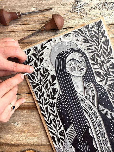 Printmaking Self Portrait, Linocut Art Ideas People, Lino Print People, Lino Print Illustration, Linocut People, Xilografia Ideas, Lino Print Art, Print Making Ideas, Linolium Printing