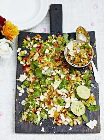 Indian chopped salad | Jamie Oliver                                                                                                                                                      More Indian Salad, Vegetarian Roast, Indian Salads, Jamie Oliver Recipes, Tasty Vegetarian Recipes, Summer Salad Recipes, Chopped Salad, Vegetable Sides, Vegetable Salad