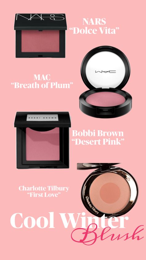 Cool Winter looks stunning with cool pinks and berries. Here are the top blush picks:  	1.	NARS Blush in Dolce Vita - A cool, dusty rose that adds a striking flush. 	2.	MAC Powder Blush in Breath of Plum - A cool plum that suits Cool Winter’s boldness. 	3.	Bobbi Brown Blush in Desert Pink - A cool, rosy pink for a natural winter flush. 	4.	Charlotte Tilbury Cheek to Chic in First Love - A cool, soft pink perfect for a gentle flush. Pin now for the best blush recommendations for Cool Winter’s striking beauty! True Winter Blush, Winter Blush Makeup, Berry Blush Makeup, Charlotte Tilbury Cheek To Chic, Bobbi Brown Blush, Winter Skin Tone, Best Blush, Cool Winter Color Palette, Brown Blush