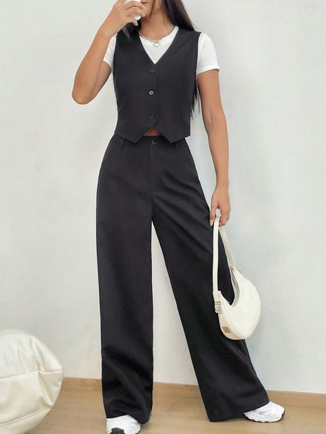 Grey Elegant Collar   Plain  Embellished Non-Stretch  Women Clothing Cool Uniforms Work, Outfit Waistcoat Women, Waistcoat And Pants Outfit, Tailored Outfits For Women, Suit Vest Outfits For Women, Waistcoat Outfit Women, Tokyo Ootd, Waistcoat Outfit, Waistcoat Woman