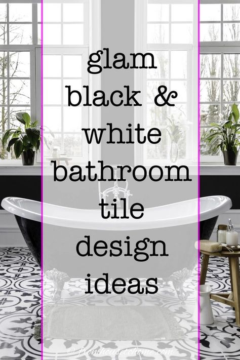 I have major glam bathroom goals. So these black and white bathroom tile ideas are coming at the perfect time. Lots of bathroom design ideas, from modern bathrooms to retro bathrooms and even art deco bathrooms. Plus all the sources where you can buy the tiles. White Bathroom With Patterned Floor, Black And White Bathroom Tile, Black And White Bathroom Floor, White Bathroom Tile, Bathroom Tile Design Ideas, Bathroom Moodboard, Black Mosaic Tile, Black Tile Bathrooms, Black And White Floor