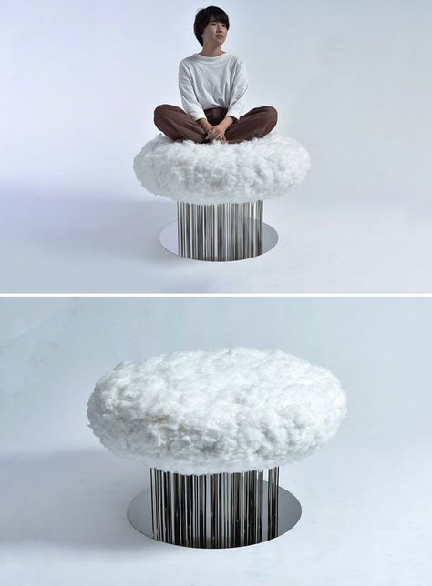 Surrealist-dream-come-true, the Cloud Chair is designed to visually and physically create the experience of sitting on a fluffy cumulus cloud. Unlike traditional chairs with 3-4 legs, the Cloud Chair is elevated using multiple metal rods, not only giving the cloud its perceived lightness and airy-ness, but also resembling steady drops of rain falling. CHECK IT OUT! Cloud Floor, Cloud Interior, Cloud Furniture, Cloud Chair, Cloud Furniture Design, Cloud Design, Cloud Side Table, Cloud Exhibition, Calm Room