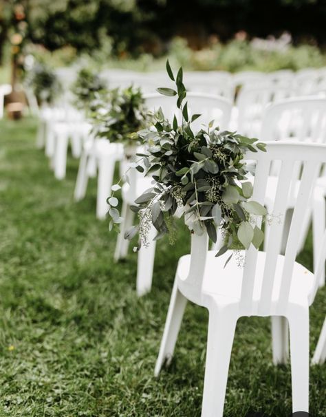 Plastic Wedding Chairs, Folding Chair Decorations Wedding Outdoor Ceremony, Plastic White Chairs Wedding, Plastic Chair Wedding Ceremony, Aisle Garden Wedding, Simple Isle Decorations Wedding Outdoor Ceremony, White Chair Decor, Outdoor Wedding Chairs Ceremony Seating Aisle Decorations, Asile Wedding Ideas Outdoor