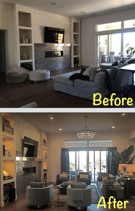 #filthygorgeous #before&after #design #remodel #Benicia #interiordesign Apartment Living Room Before And After, Interior Design Before And After, Living Room Design Layout, Home Remodel Before And After, Small Modern Living Room, Living Space Decor, Living Room Furniture Arrangement, 70s Home, Living Room Decor Inspiration