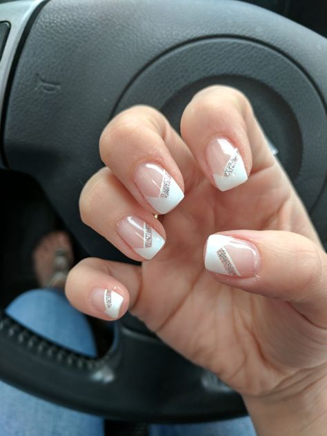 Kimmy did an excellent job with my nails for the wedding Triangle French tips with a hint of silver sparkle Summer 2017 French Tip Gel Nails, Emerald Nails, Opal Nails, Nail Tip Designs, Wedding Nails French, French Tip Nail Designs, Silver Nail, French Nail Art, French Tip Acrylic Nails