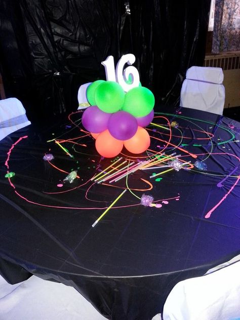 Sweet 16 Skate Party Ideas, Neon Balloon Centerpieces, Neon Party Centerpieces, Neon Centerpieces Ideas, Neon Centerpieces, Neon Sweet 16, Glow Theme Party, Party Centerpieces Diy, Sweet 16 Centerpieces